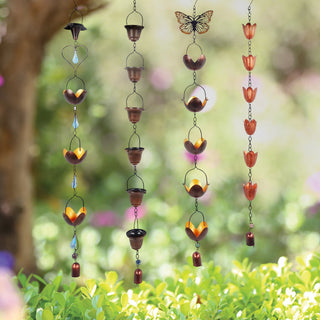 Metal Heart, Butterfly, Bucket & Flower Rain Chain w/ Metal Stand