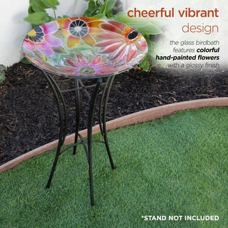 18" Glass Birdbath with Colorful Flowers Paint Finish