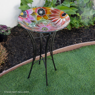 18" Glass Birdbath with Colorful Flowers Paint Finish
