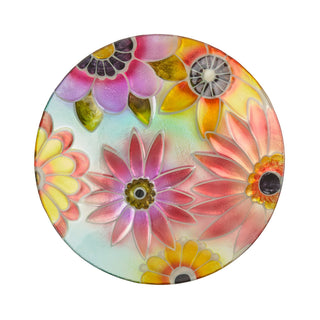 18" Glass Birdbath with Colorful Flowers Paint Finish