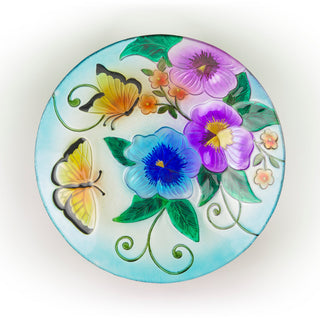Glass Birdbath with Butterfly and Flowers Painted Finish