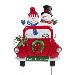 Solar Christmas Car w/Snowman Metal Yard Sign Stake