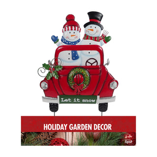 Solar Christmas Car w/Snowman Metal Yard Sign Stake