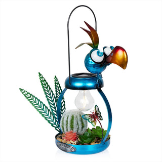Solar Metal Silly Blue Bird with Garden and LED Decor