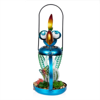 Solar Metal Silly Blue Bird with Garden and LED Decor