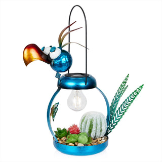 Solar Metal Silly Blue Bird with Garden and LED Decor