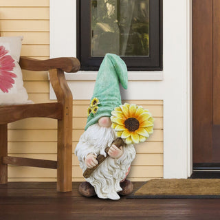 Gnome with Turquoise Hat Holding Sunflower Decor