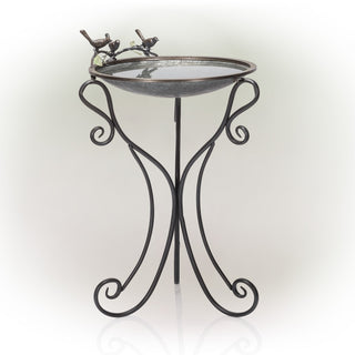 Scrollwork Metal Birdbath with Birds and Leaves