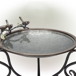Scrollwork Metal Birdbath with Birds and Leaves