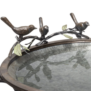 Scrollwork Metal Birdbath with Birds and Leaves