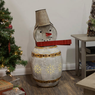 Weathered Barrel Snowman Décor with Warm White LED Lights