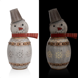 Weathered Barrel Snowman Décor with Warm White LED Lights
