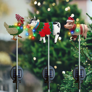 Solar Cow, Pig & Rooster Holiday Farm Stakes