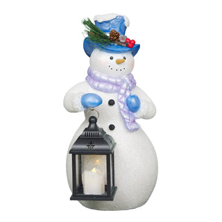 Lavender Winter Snowman Holding Lantern Statue w/Flash LED-SM