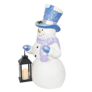 Lavender Winter Snowman Holding Lantern Statue w/Flash LED-LG