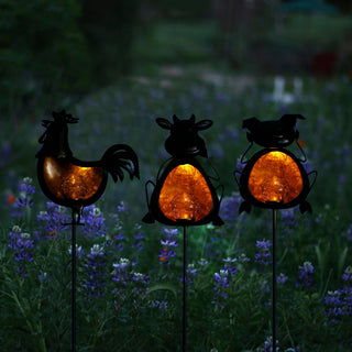 Solar Metal & Glass Rooster, Cow, Pig Stake