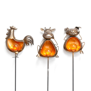 Solar Metal & Glass Rooster, Cow, Pig Stake