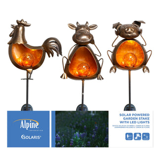 Solar Metal & Glass Rooster, Cow, Pig Stake