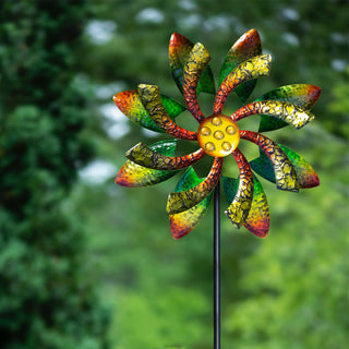 Vibrant Metal Jeweled Blade Wind Spinner Garden Stake