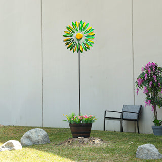 Yellow & Green Metal Flower Kinetic Wind Spinner Garden Stake