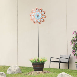 Blue and Copper Antique Flower Kinetic Wind Spinner Stake