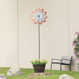 Blue and Copper Antique Flower Kinetic Wind Spinner Stake