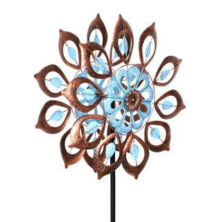 Blue and Copper Antique Flower Kinetic Wind Spinner Stake