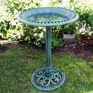 Aged Green Pedestal Birdbath with Scrollwork