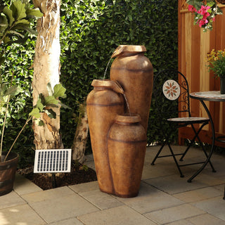 Solar Brown Cascading Vase Fountain w/ Cool White LED Lights