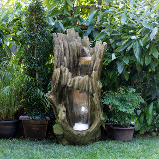 Three-Tier Waterfall Tree Trunk Fountain with LED Lights