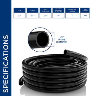 1/2" I.D. x 3/4" Wall PVC Black Tubing x 100' Coil