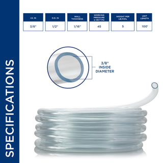 3/8" I.D.x 1/2" O.D.x 1/16" Wall PVC Clear Tubing x 100'Coil