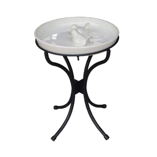 White Ceramic Birdbath with Metal Stand