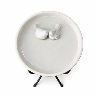 White Ceramic Birdbath with Metal Stand
