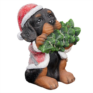 Christmas Santa Black and Tan Puppy Statue w/ Pine Tree