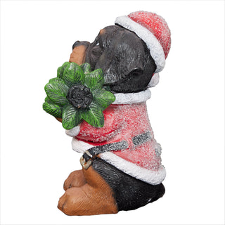 Christmas Santa Black and Tan Puppy Statue w/ Pine Tree