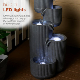 5-Tier Gray Fluted Pots Fountain with LED Lights