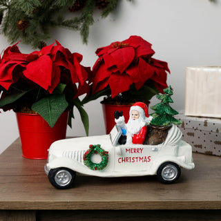Merry Christmas Santa in Vintage White Car Statue w/LEDs