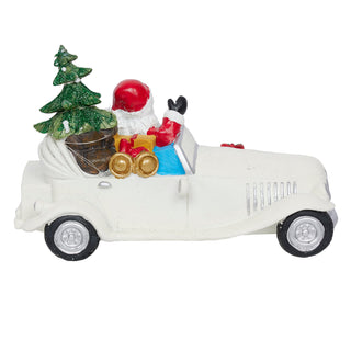 Merry Christmas Santa in Vintage White Car Statue w/LEDs