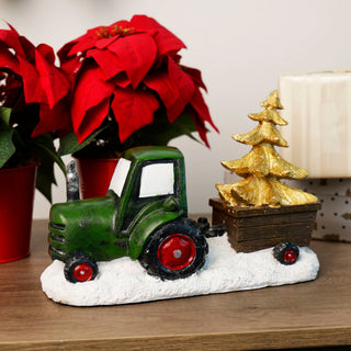 Holiday Green Tractor Pulling Tree Statue with LED Lights