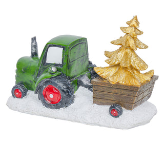 Holiday Green Tractor Pulling Tree Statue with LED Lights