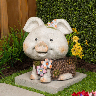 Smiling Pig Statue Planter with Drainage Hole
