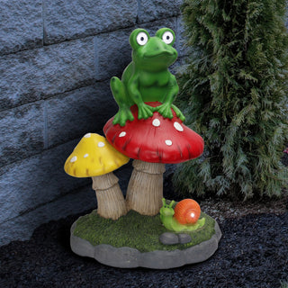 Solar Frog Sitting On Top of Mushroom Statue