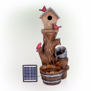 Solar Cardinal Birdhouse Cascading Barrel Fountain