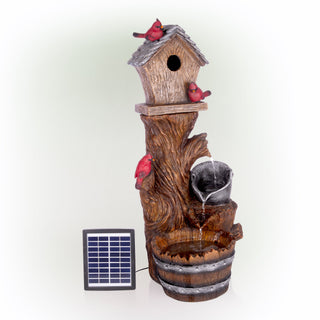 Solar Cardinal Birdhouse Cascading Barrel Fountain