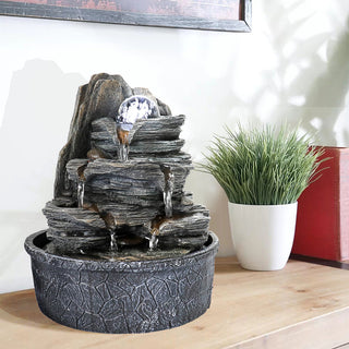 ZEN Flowing Fountain 4-Tier Rockery Tabletop Fountain Cascading Fountain w/Led Light & Ball