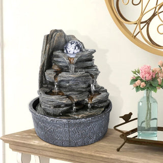 ZEN Flowing Fountain 4-Tier Rockery Tabletop Fountain Cascading Fountain w/Led Light & Ball