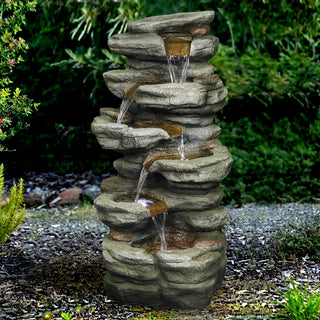 ZEN Flowing Fountain 30.7in H 6-tier Rock Cascading WaterFountain w/LED Lights