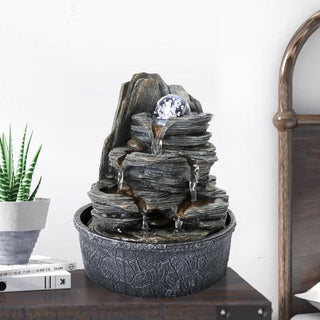 ZEN Flowing Fountain 4-Tier Rockery Tabletop Fountain Cascading Fountain w/Led Light & Ball