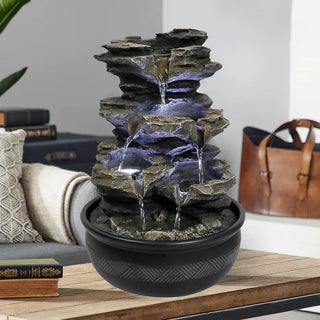 15.7-inch Tall Rock Cascading Zen Meditation Tabletop Fountain with LED Light
